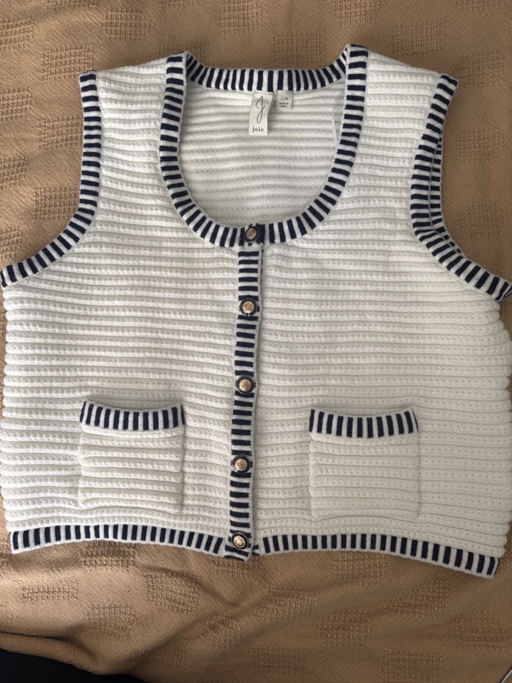 Joie White Knit Cropped Vest with Navy Stripe Trim